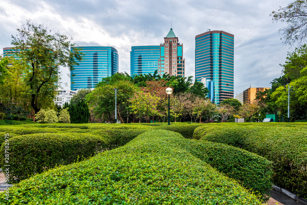 Green hedges at Kowloon Park with skyscrapers in background. Kowloon Park is a large public park in Tsim Sha Tsui, Hong Kong