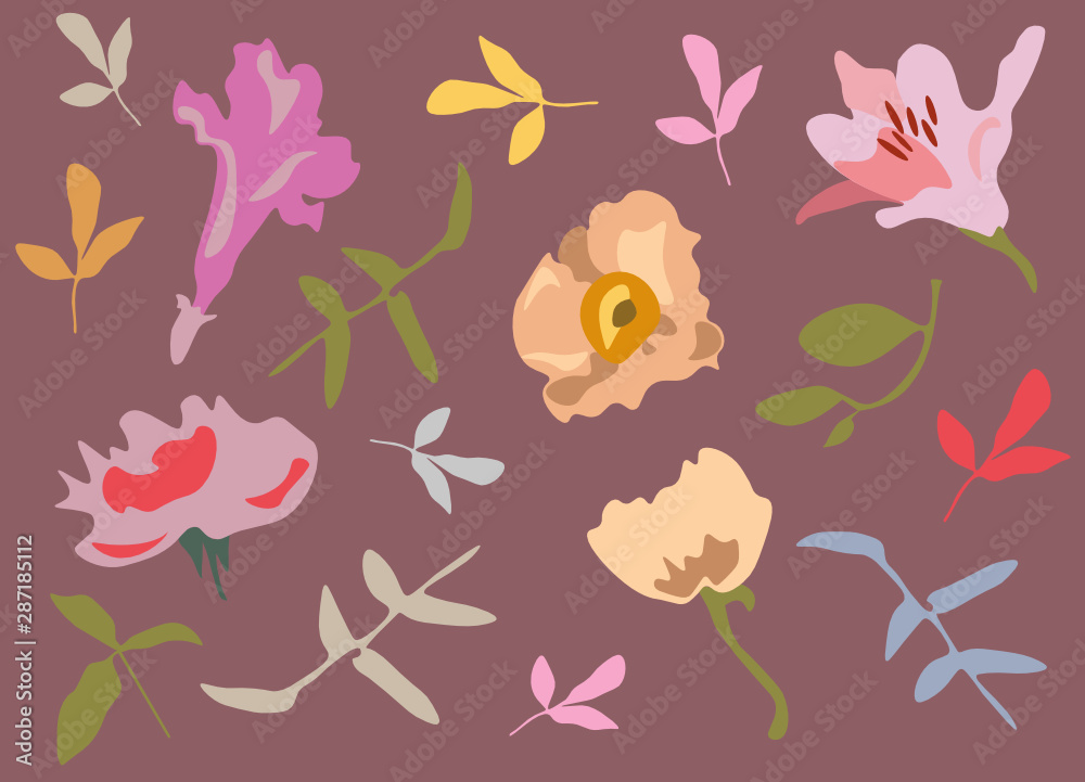 Vintage vector icon set of different flowers pattern. Rose,pion,lily, violet and leaves. Green, yellow,red,pink,blue and purple pastel colors.