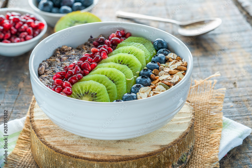 Summer porridge with mixed seeds and fresh fruit - blueberries, pomegranate and kiwi. Healthy breakfast. Summer porridge with mixed seeds and fresh fruit - blueberries, pomegranate and kiwi. Healthy breakfast.
