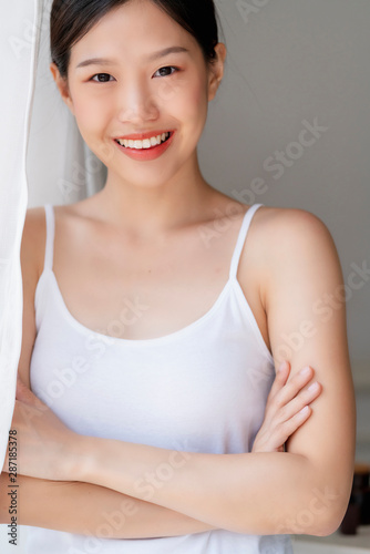 Beautiful Asian Teen Woman Satnading Smile With Happiness And Attractive Stock Photo Adobe Stock