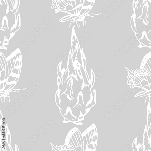 pitaya, pitahaya tropical fruit, butterfly seamless pattern