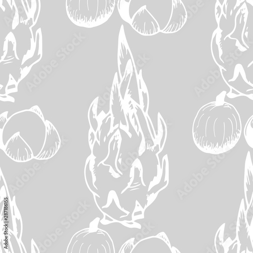 longan, pitahaya tropical fruits seamless pattern