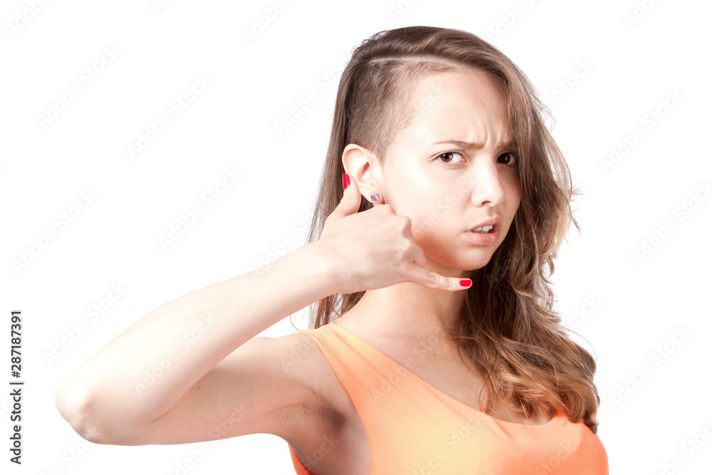 Girl making hand gesture call me on white background. Girl making hand gesture call me on white background.