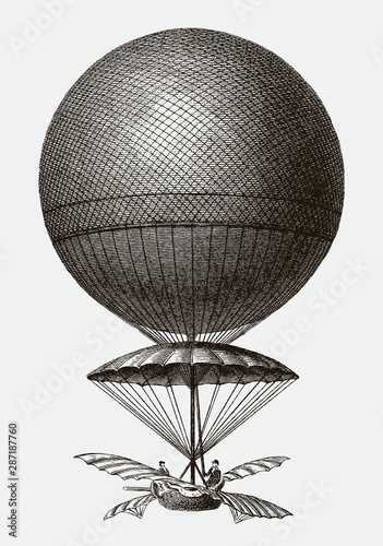 Historic balloon from 1785 by Jean-Pierre Blanchard descending. Illustration after antique engraving