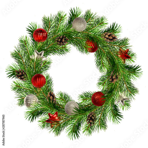 Christmas wreath from pine twigs with cones and decorations