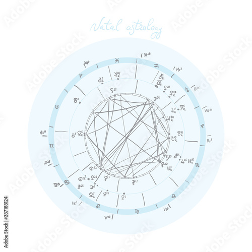 Horoscope natal chart, astrological celestial map, cosmogram, vitasphere, radix. Blue white grey color. Hand drawn calligraphy. Vector © EkaterinaP