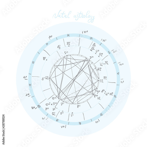 Horoscope natal chart, astrological celestial map, cosmogram, vitasphere, radix. Blue white grey color. Hand drawn calligraphy. Vector