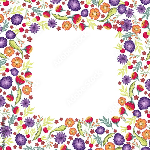 vector drawings of floral square frame with leaves and cute flowers on a white background