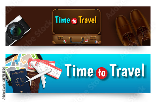 Travel tours banner template, horizontal advertising business banner layout template flat design set , clean abstract cover header background for website design. . Vector illustration
