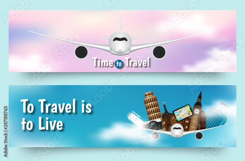 Travel tours banner template, horizontal advertising business banner layout template flat design set , clean abstract cover header background for website design. . Vector illustration