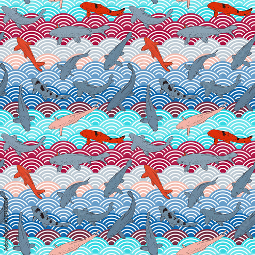 Seamless pattern Koi carp nishikigoi literally brocaded carp fish. black outline sketch doodle. Blue azure teal pink grey burgundy scales simple Nature Asian wave circle background. Vector photo