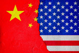 The flag of the United States of America and the flag of China and the economic battle Paint on cracked walls (Mixed media)