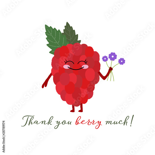 Vector illustration of a cute raspberry character with a happy face and holding a bunch of flowers. Thank you berry much. Funny food concept.