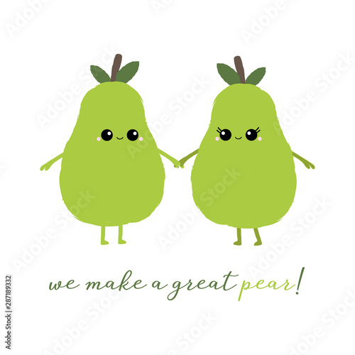 Vector illustration of 2 cute pear characters with happy faces and holding hands. We make a great pear! Funny food concept.