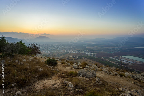 Morning  view at morning sunrice from Mount Precipice on a nearby valley near Nazareth in Israel