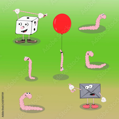 set of vector cartoon characters worm, dice cube and envelope show different emotions on a colored background.