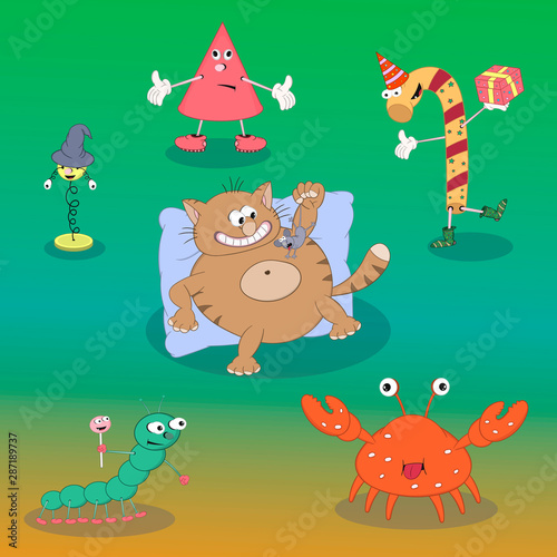 set of vector cartoon characters candy, spring, crab, cat, cone, caterpillar show different emotions on a colored background.