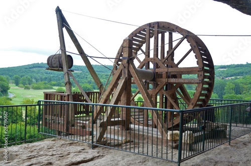 medieval wood winch in Dordogne' La Roque Saint-Christophe site 