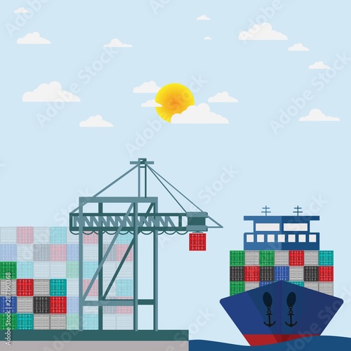 Transport cargo sea ship loading containers by harbor crane in shipping port vector illustration.