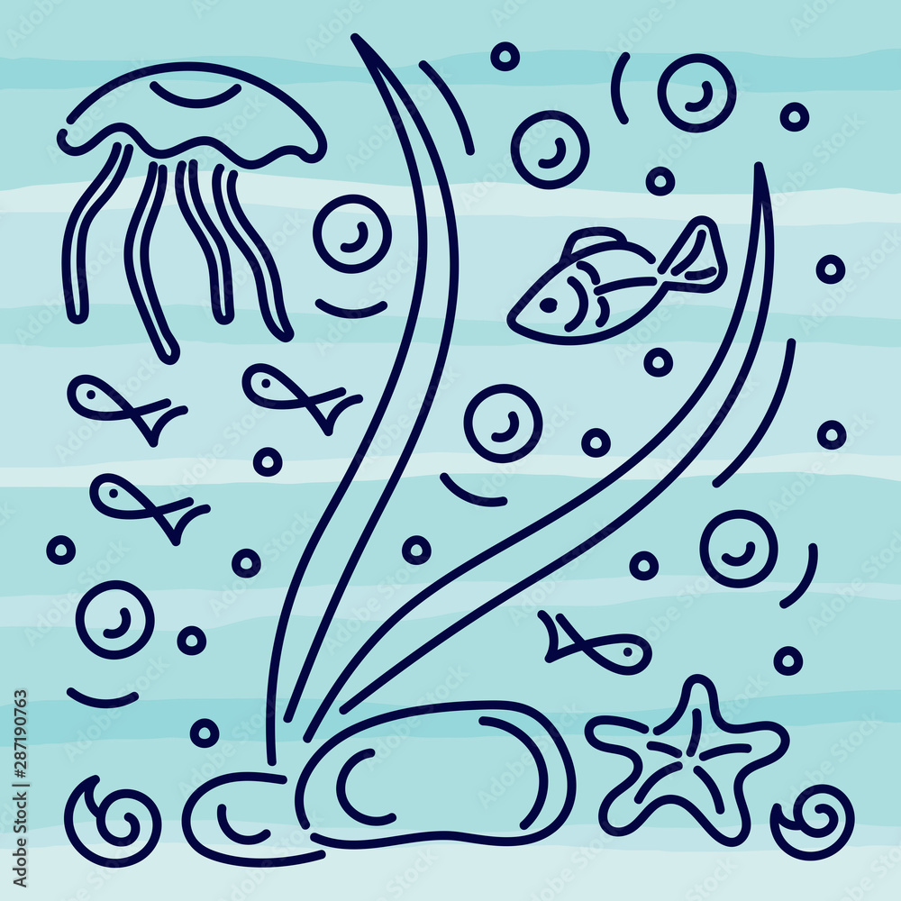 Doodle hand drawing illustration. Underwater world, Sea, ocean,river , plants and fish. jellyfish on the background of blue waves. Black and white Graphics. Vector