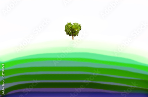 A green tree on illustrations blurred hill used for background
