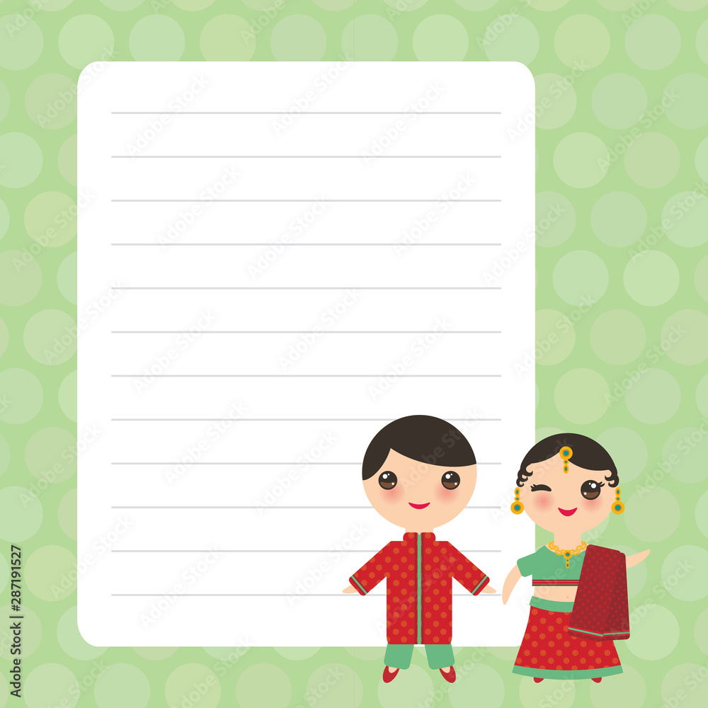 Indian Kawaii boy and girl in national costume. Cartoon children Card design with Kawaii with mint pastel colors polka dot lined page notebook, template, blank, planner background. Vector Indian Kawaii boy and girl in national costume. Cartoon children Card design with Kawaii with mint pastel colors polka dot lined page notebook, template, blank, planner background. Vector