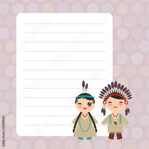 American indians boy and girl in national costume and hat. Cartoon children Card design with Kawaii with violet pastel colors polka dot lined page notebook, template, blank, planner background. Vector