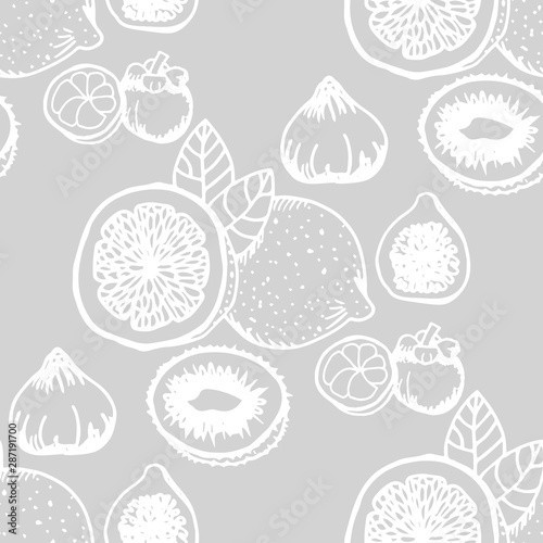 Fototapeta Naklejka Na Ścianę i Meble -  lemon, figs, kiwi, mangosteen tropical fruits seamless pattern