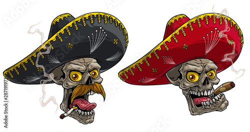 Cartoon detailed realistic colorful scary human skulls in traditional ornate mexican hat sombrero with cigar. Isolated on white background. Vector icon set.