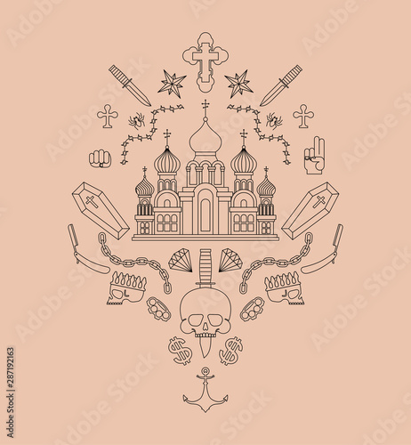 Russian prison tattoo. Church and skull. Cross and chain. Barbed wire and crown. Thief stars. Russia sign Prisoner mafia tattooing
