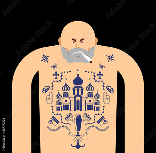 Russian prisoner with tattoo. Russia criminal guy mafia tattooing. Church and skull. Cross and chain. Barbed wire and crown. Thief stars.
