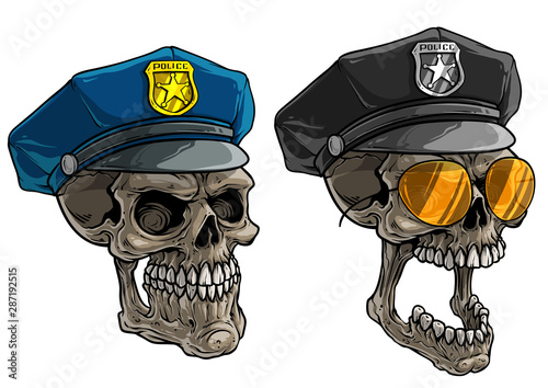 Cartoon detailed realistic colorful scary human skulls in police peaked cap with golden badge and star. Isolated on white background. Vector icon set.