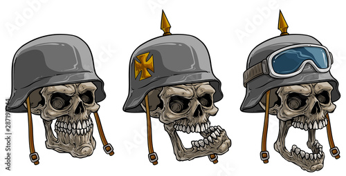 Cartoon detailed realistic colorful scary human skulls in old retro metal german soldier helmets with eye glasses, eagle and cross. Isolated on white background. Vector icon set.