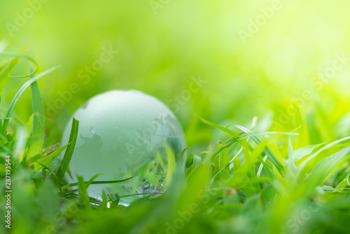 Mini crystal globe on green grass on greenery blurred background.
