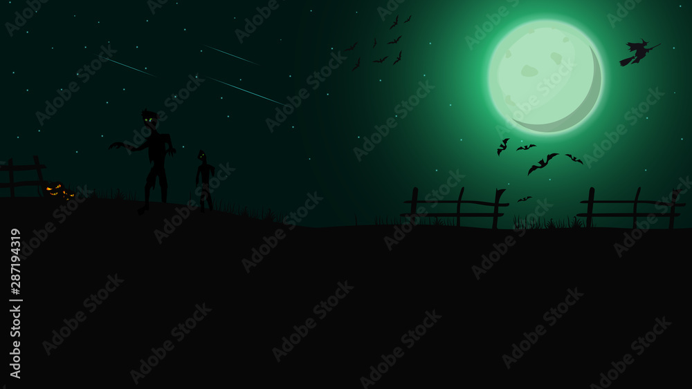 Fototapeta premium Halloween background, template for your creativity with green night landscape with green full moon, zombie, witches and pumpkins. Template with space for text