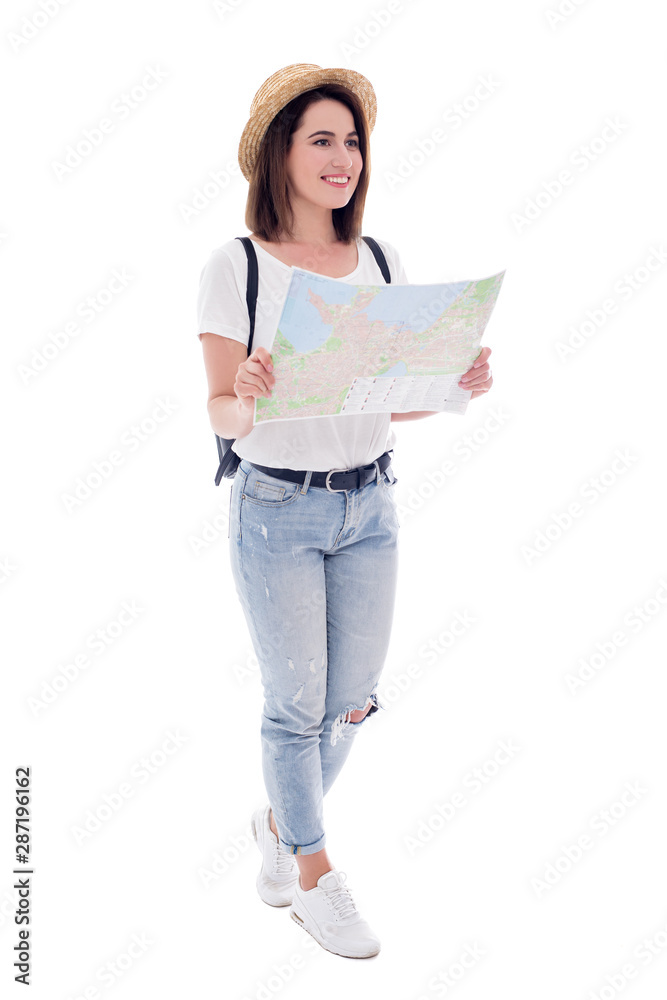 travel concept - full length portrait of young woman tourist with city map isolated on white travel concept - full length portrait of young woman tourist with city map isolated on white