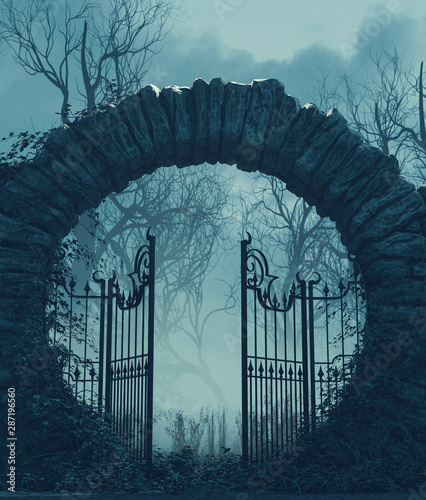 Photo The gates is open,Halloween scene,3d illustration