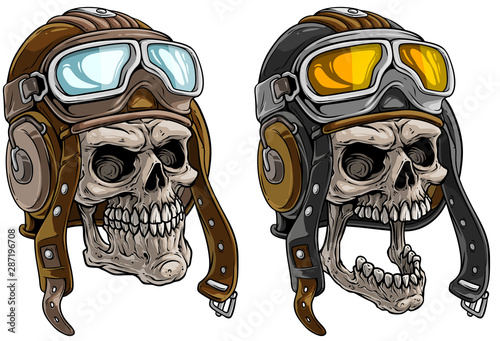 Cartoon detailed realistic colorful scary human skulls in retro leather aviator pilot protective helmet with eyeglasses. Isolated on white background. Vector icon set.