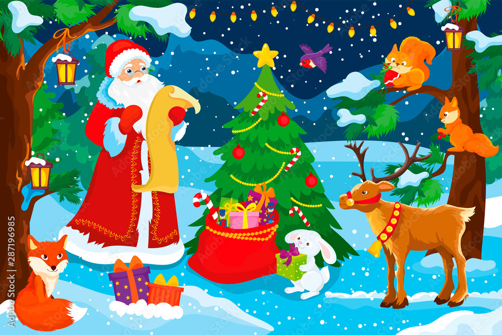 Fototapeta premium Santa Claus Checking Christmas Presents For Animals