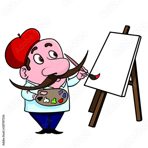 Cartoon figure of an artist, with a red cap, brush and palette in hand, standing in front of a blank canvas. long mustache, funny, color.