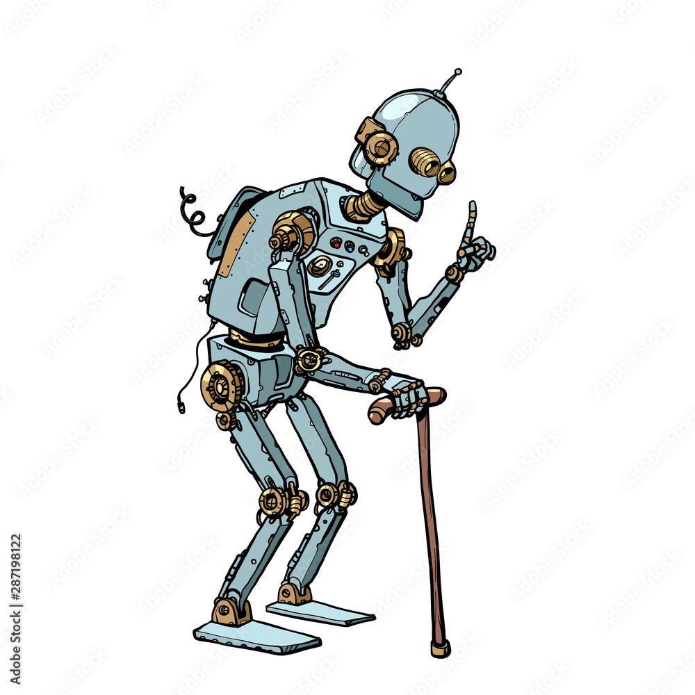 very old robot man with a stick