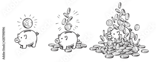 Cartoon piggy bank and gold coins set. Piggy with one coin, with falling cash, heaped over money. Growing wealth and business success concept. Hand drawn sketch style vector illustration .