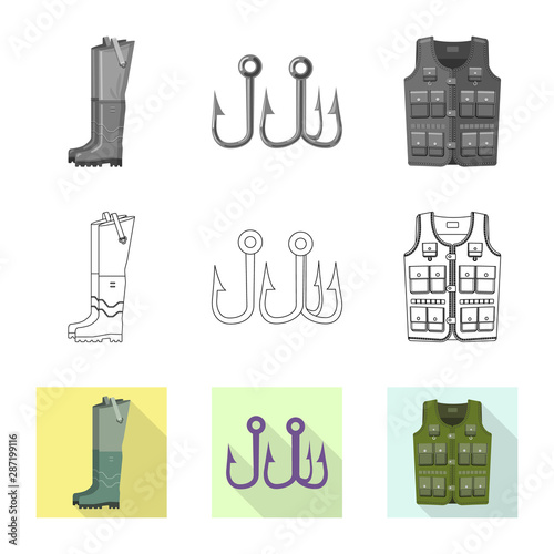 Vector illustration of fish and fishing icon. Collection of fish and equipment stock symbol for web.