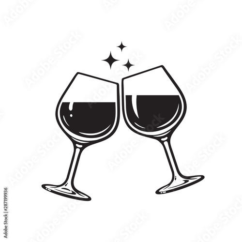 Two glasses of wine. Cheers with wineglasses. Clink glasses icon. Vector illustration on white background.