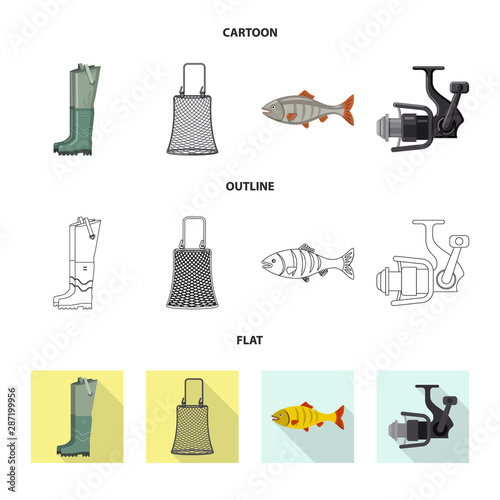Vector design of fish and fishing logo. Collection of fish and equipment stock vector illustration.