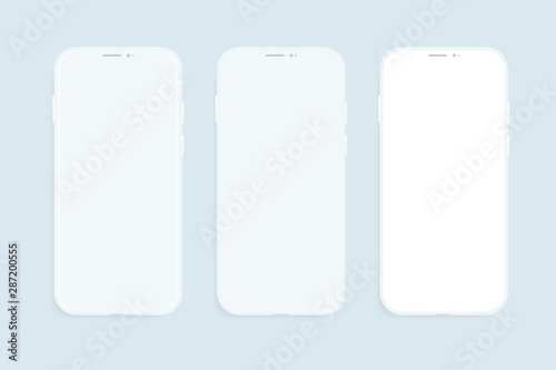 Three smartphones vector mockup. Trendy clay mobile phones template with blank screen for design app.