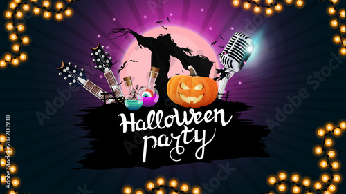 Halloween party, creative party invitation banner with microphone, guitars, pumpkins and Scarecrow. Purple template for Halloween party poster
