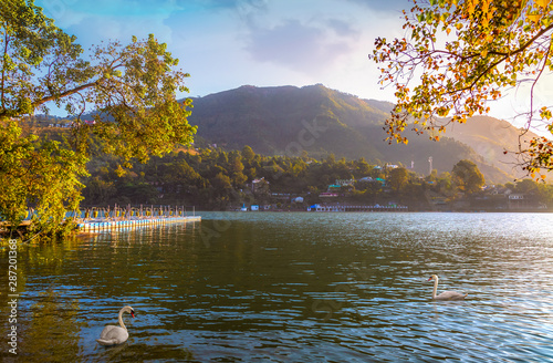 Beautiful Bhimtal lake at Nainital, Uttarakhand, India with scenic landscape at sunset with view of white swan in the lake water photo