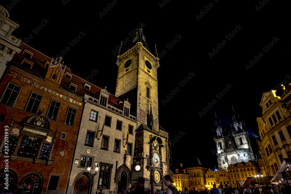 Beautiful night view of Old Town Square in Prague with Church of Our Lady before Týn and Old Town Hall. Prague, Czech Republic
