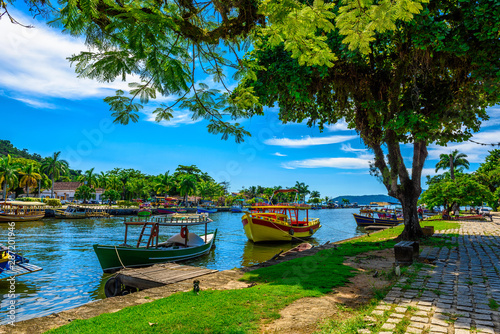 Historical center of Paraty with boats, Rio de Janeiro, Brazil. Paraty is a preserved Portuguese colonial and Brazilian Imperial municipality